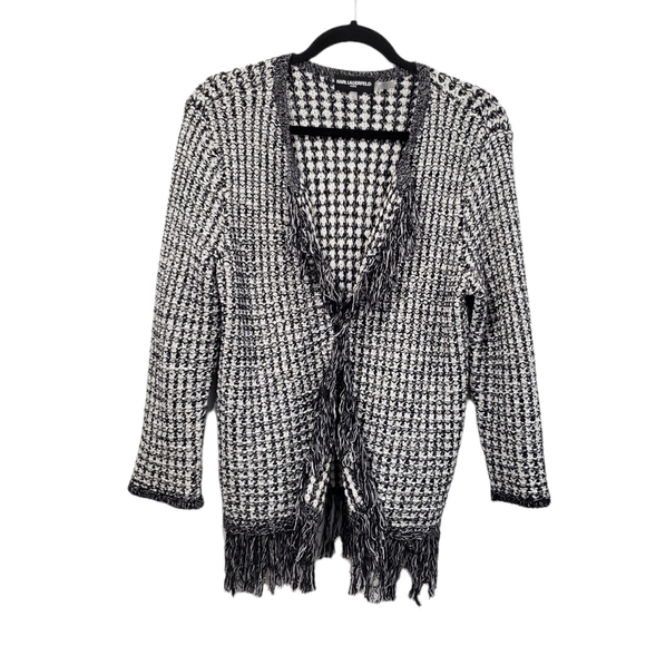 Karl Lagerfeld Black and White Open Front Blazer with Fringes Size Small - Picture 2 of 11